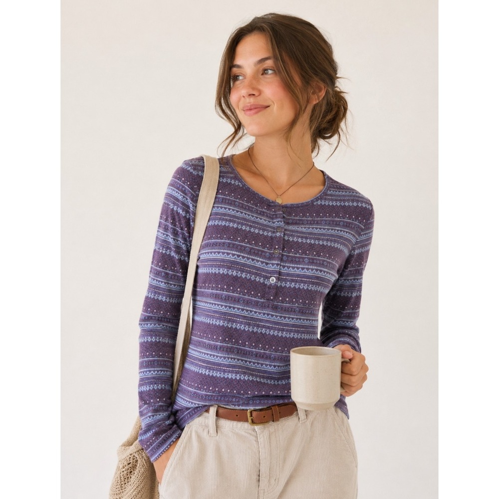 Columbia Women L Purple Fair Isle Aspen Lodge Henley Long Sleeve Tee Top Knit